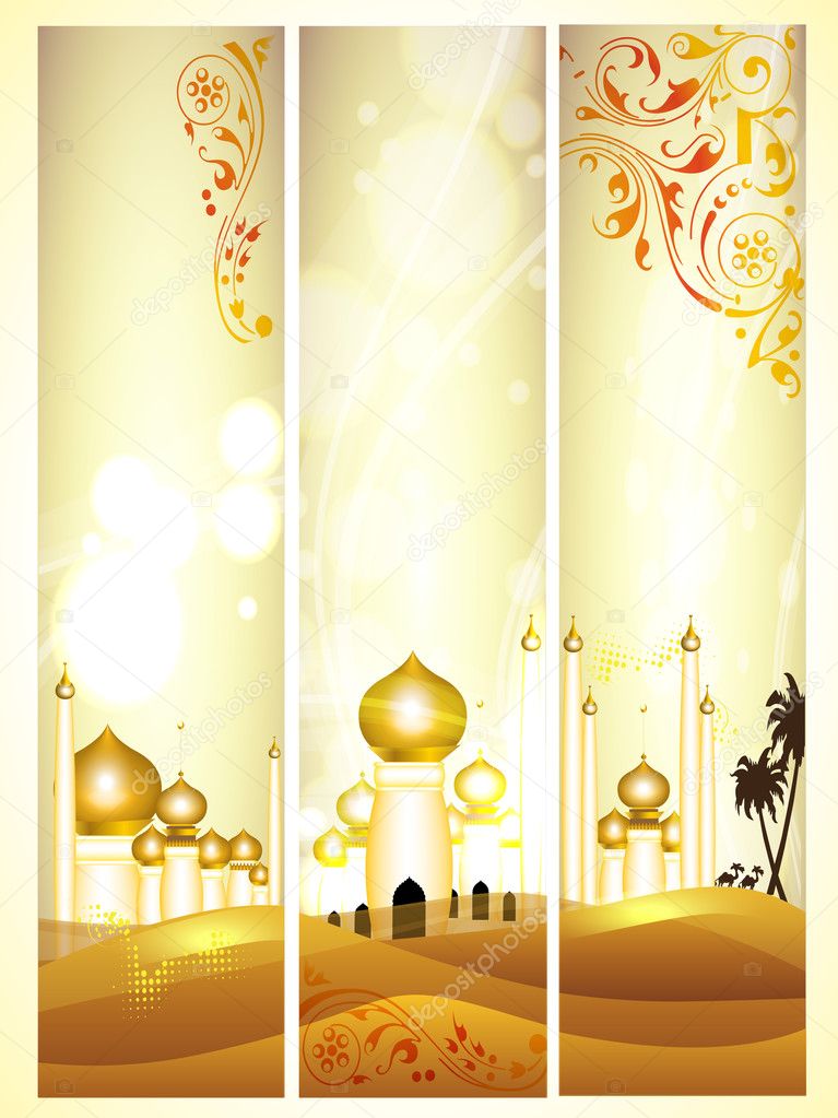 Website headers or banners with golden Mosque or Masjid with flo