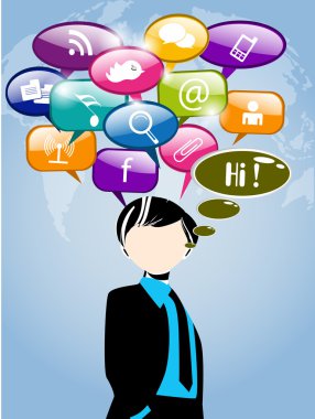 Men with thought speech bubble with social network sign on worl clipart