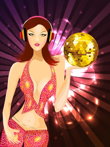Vector illustartion of a sexy girl holding disco ball on hand wi — Stock Vector