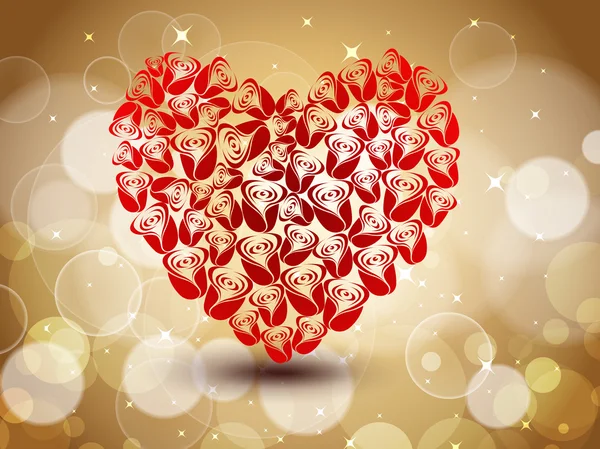 Forma di cuore rosso scintillante fatto con rose su cucitura lucida marrone — Vettoriale Stock