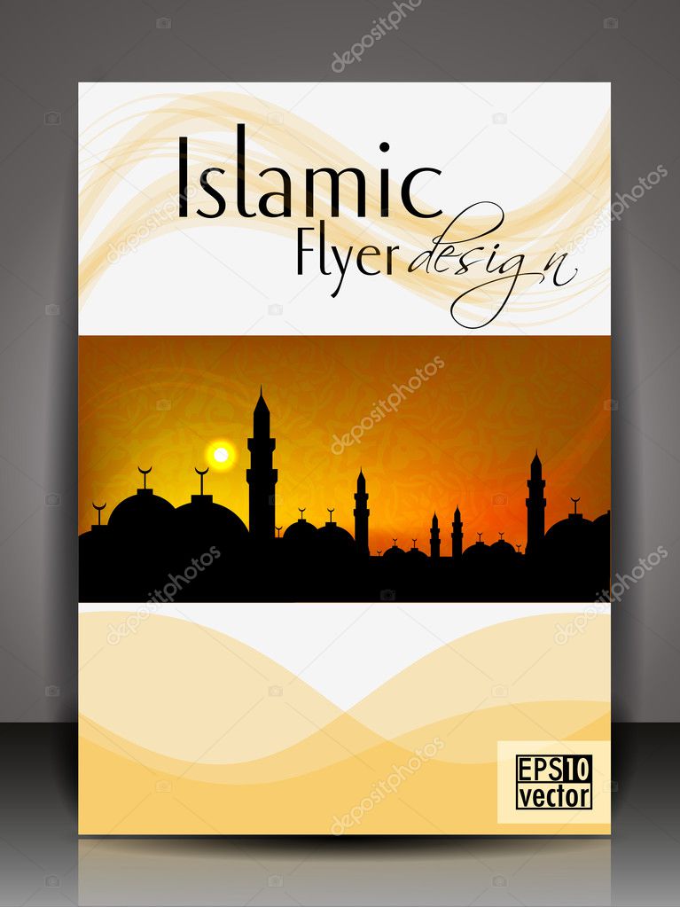 Islamic flyer, brochure or cover design with Mosue or Masjid silthoette.
