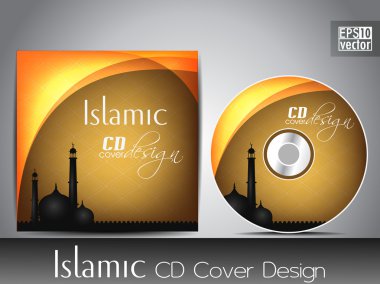 Islamic CD cover design with Mosque or Masjid silhouette with wave and grunge effects in yellow color. clipart