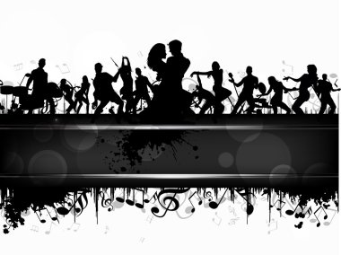 Party banner, flyer or poster with a musical band silhouette on grungy musical notes background. EPS 10. can be use as banner, tag, icon, sticker, flyer or poster. clipart