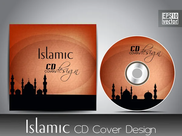 Design de capa de CD islâmico com silhueta de Mesquita ou Masjid com efeitos de onda e florais na cor laranja — Vetor de Stock