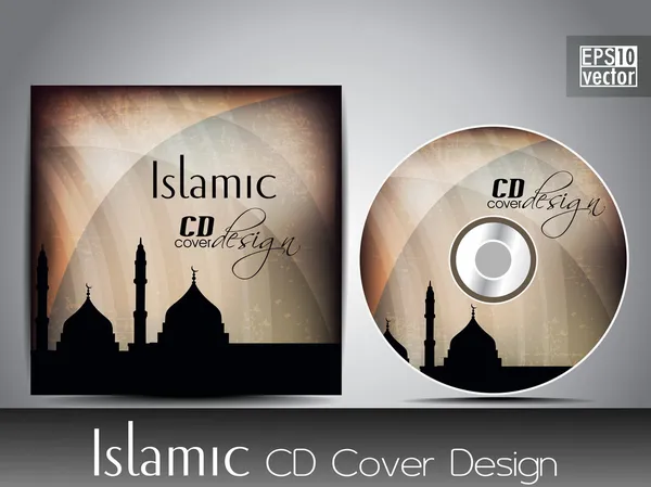Islamisches CD-Cover-Design mit Moschee oder Masjid-Silhouette mit Wellen- und Grunge-Effekten in hellbrauner Farbe — Stockvektor