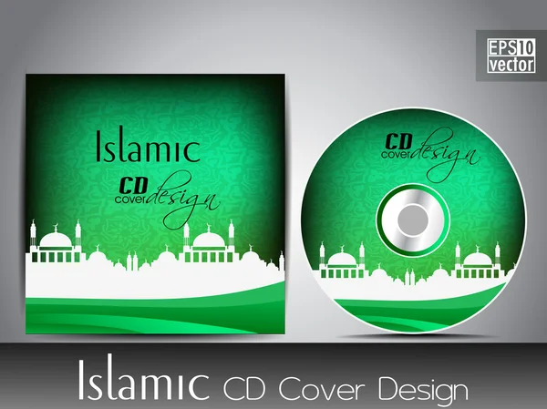 Islamisches CD-Cover-Design mit Moschee oder Masjid-Silhouette mit Wellen- und Grunge-Effekten. — Stockvektor