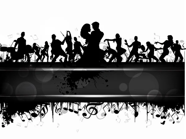 Bannière de fête, flyer ou affiche avec une silhouette de groupe musical sur fond de notes de musique grungy. EPS 10. peut être utilisé comme bannière, étiquette, icône, autocollant, flyer ou affiche . — Image vectorielle