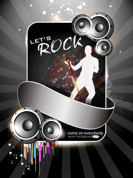 Party banner, flyer or poster with shiny speakers and a dancing boy on grey rays background. EPS 10. — Stock Vector