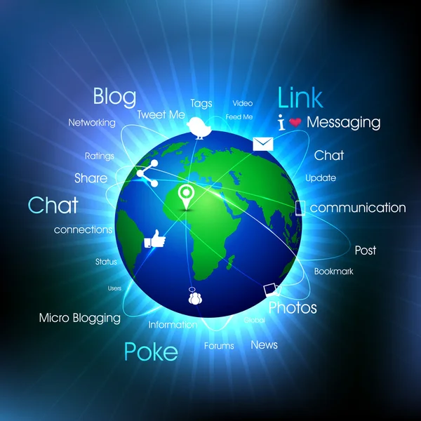 Globus z wskaźniki, sygnały i społecznej sieci tekst ikony, mediów społecznych sieci połączeń i komunikacji — Wektor stockowy