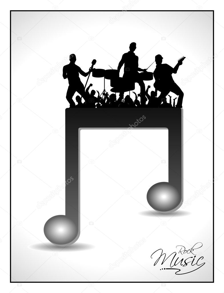 3D musical notes with burst effect and rock band silhouette on music notes. EPS 10, can be use as banner, tag, icon, sticker, flyer or poster. Vector illustration in EPS 10.