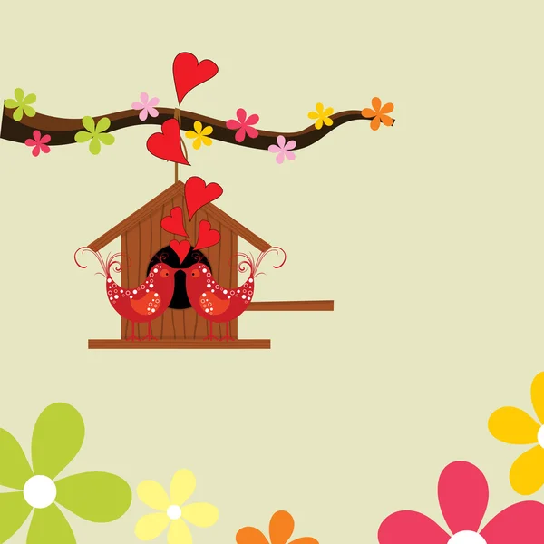 Carte de voeux abstraite avec des oiseaux d'amour sur fond floral pour — Image vectorielle