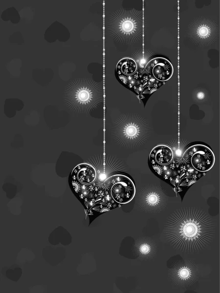 Valentijn wenskaart met hangende glanzende hartjes op zwarte backg — Stockvector