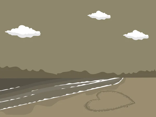 Cuori disegnati sulla sabbia di una spiaggia. Illustrazione vettoriale . — Vettoriale Stock