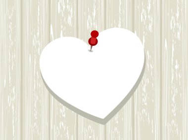 Blank white paper in heart shape stick with pin on wood board. V clipart