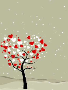 Abstract, valentine tree with hearts & love birds. Vector illust clipart