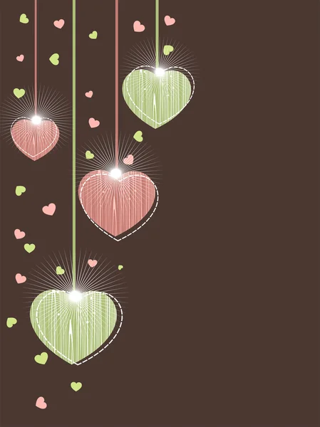 Елегантна вітальна листівка з висячими блискучими серцями на ізольованій — стоковий вектор