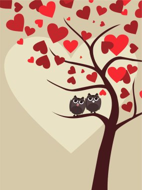 Background with couple of owls sitting on branch of Valentine tr clipart