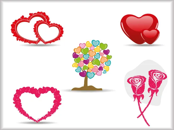 Raccolta di cuori vettoriali dettagliati, rosa e albero. simboli d'amore f — Vettoriale Stock