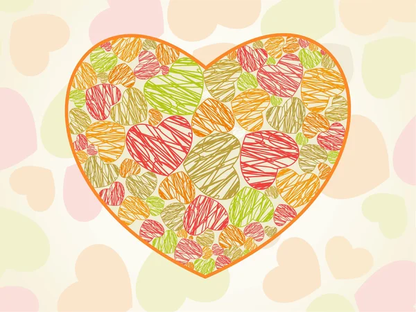 Astratto, cartolina con texture di cuori colorati in un cuore solo — Vettoriale Stock