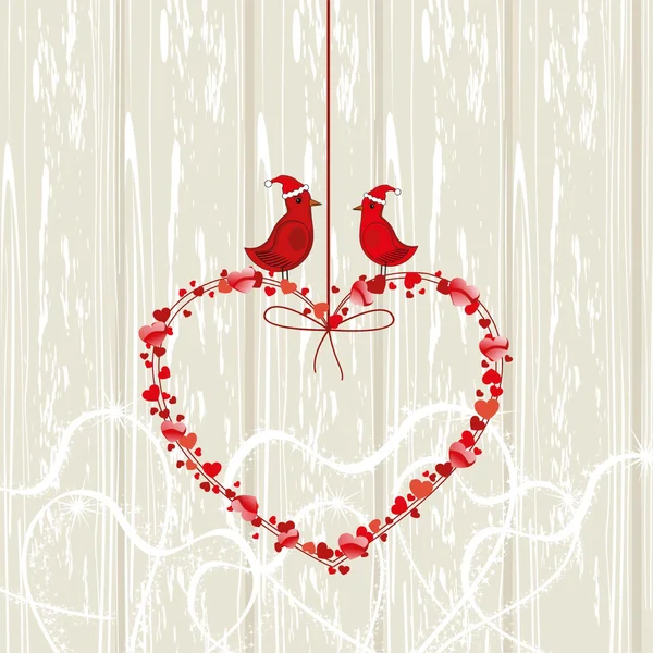 Vintage card, love birds couple sitting on hanging heart on wood — Stock Vector
