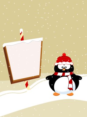 Blank template for Christmas greetings card with penguine. Vecto clipart
