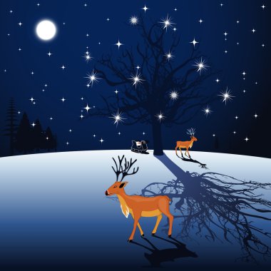 Full moon night background with Reindeer and Santa sleigh. Vect clipart