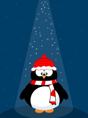 A penguine under the spot light with stars. vector illustration. clipart