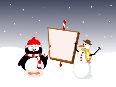 Cute Penguine hold a little text board with snowman. vector illu clipart