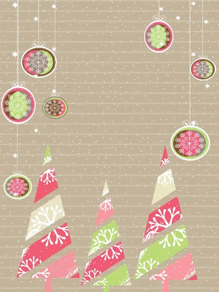 Biglietto di Natale e Capodanno con alberi decorativi colorati e chr — Vettoriale Stock