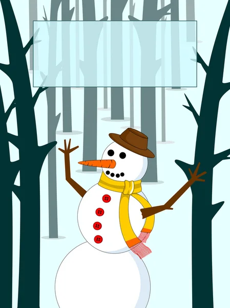 Boneco de neve no fundo da floresta e espaço para texto. vector illustra —  Vetores de Stock