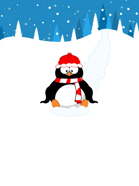 Christmas background with sliding penguin and trees. vector illu — Stock Vector