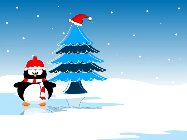 氷の水の反射にクリスマス ツリーとペンギンvect — ストックベクタ