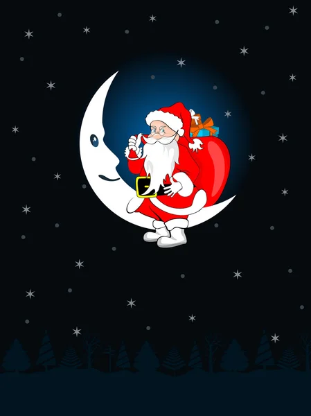 Weihnachtsmann mit den Geschenken und Entspannung auf der Mondsichel in der — Stockvektor