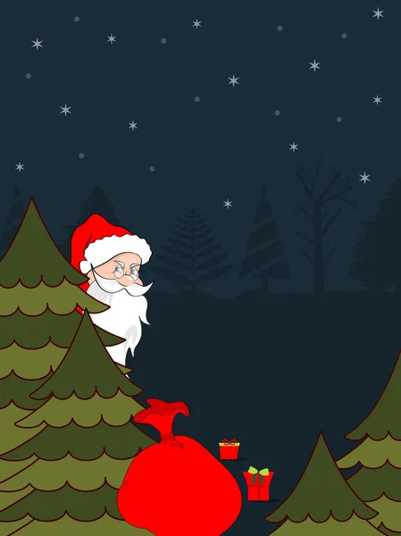 O Pai Natal escondido atrás da árvore de Natal. vetor ilustratio —  Vetores de Stock