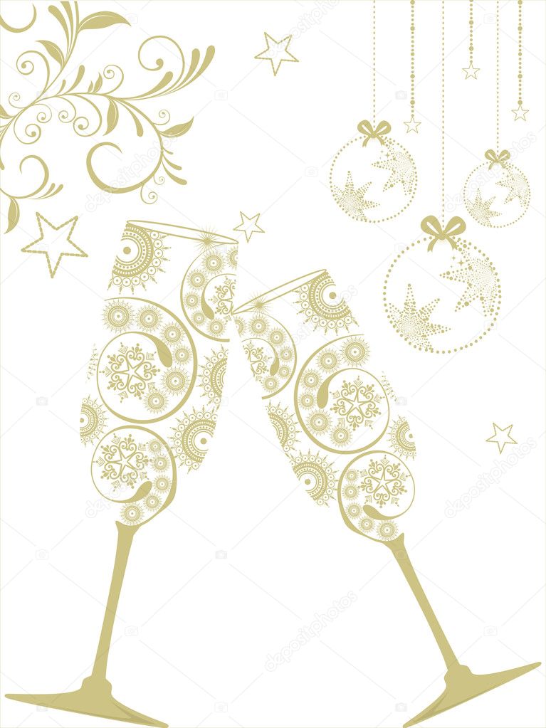 New year background with christmas balls and champagne glass. Ve