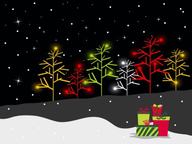 Colorful Christmas trees and gifts on black night background. ve clipart