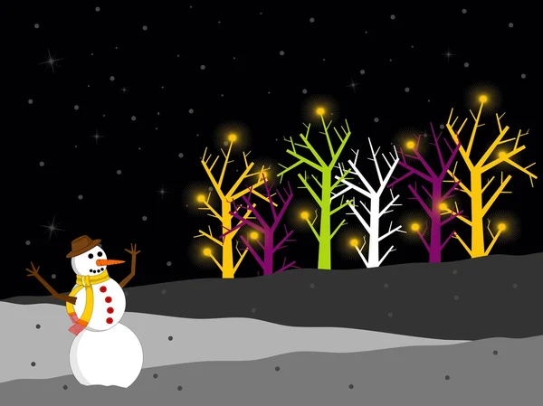 Muñeco de nieve con arbustos de colores en la escena de la noche de Navidad. vecto — Archivo Imágenes Vectoriales
