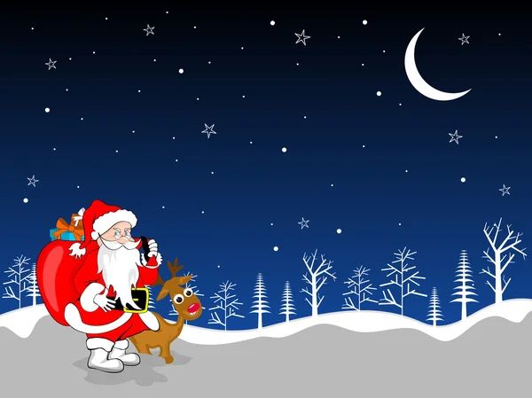 Snowy Christmas night background with Santa Claus and Rudolph. V — Stock Vector