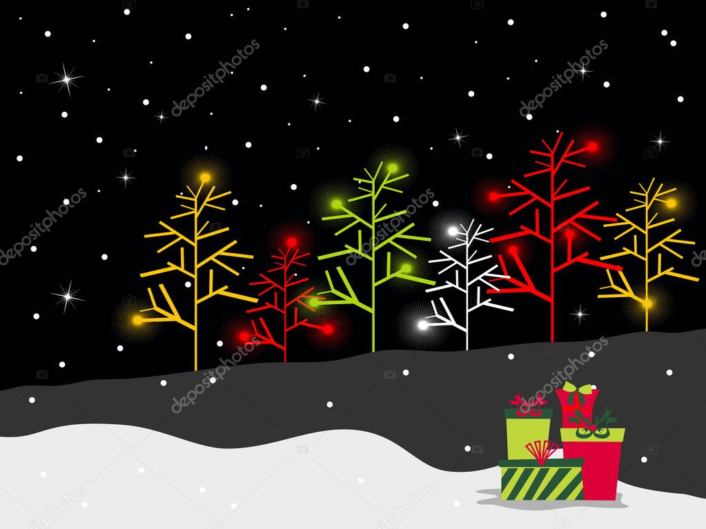 Colorful Christmas trees and gifts on black night background. ve