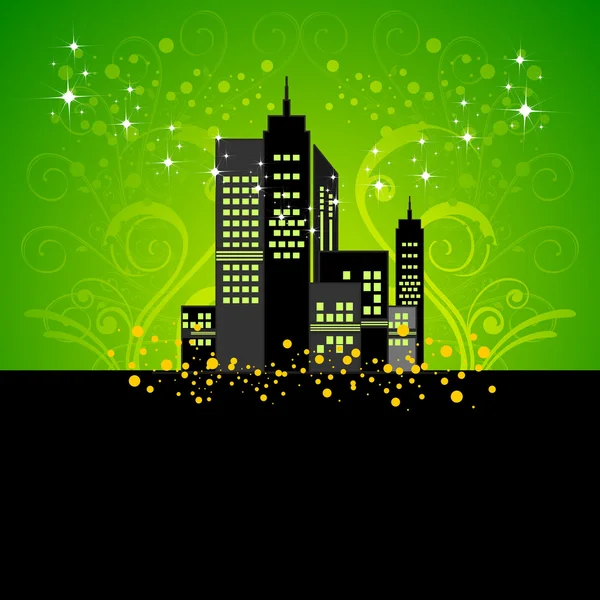 Silhouette of night city on Green background With Floral. — Stock Vector