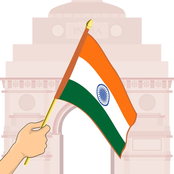 Ilustração vetorial da bandeira indiana em frente ao Portão da Índia . — Vetor de Stock