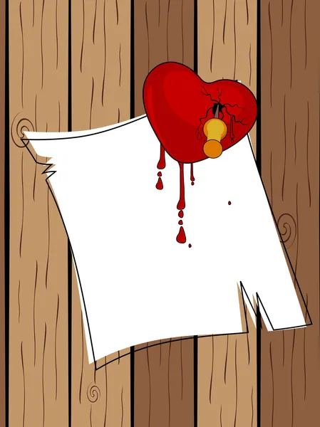 Bastone cuore spezzato con carta bianca su legno. Illustri vettoriali — Vettoriale Stock