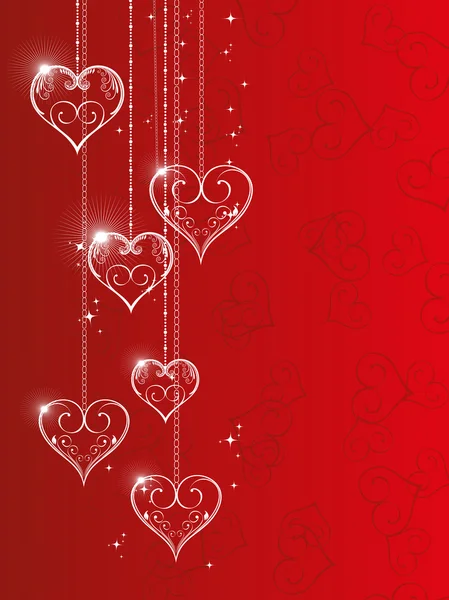Ilustración vectorial de formas de corazón brillantes colgantes en costuras rojas — Vector de stock