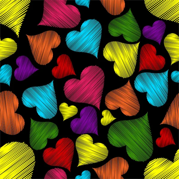 Χωρίς ραφή πρότυπο με πολύχρωμες καρδιές σε μαύρο background.vector — Διανυσματικό Αρχείο