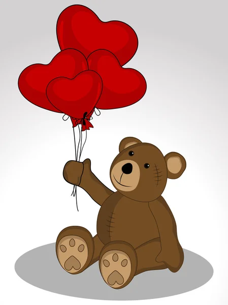 Urso de pelúcia mantém os balões na forma de forma de coração no whit — Vetor de Stock