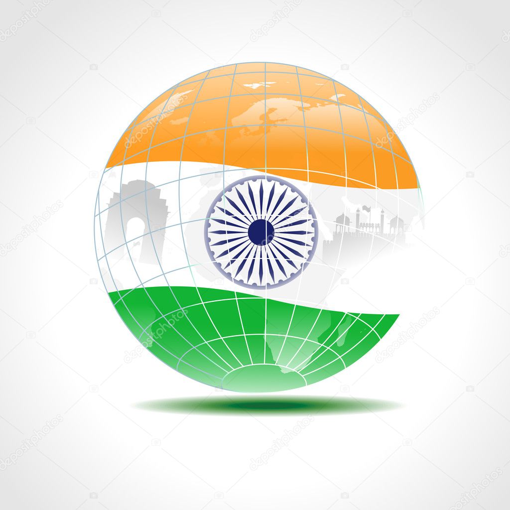 A vector illustration of globe covered with an Indian flag with