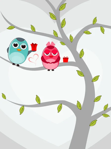Vektör çizim hediye ağacıyla oturan iki aşk kuşlar — Stok Vektör