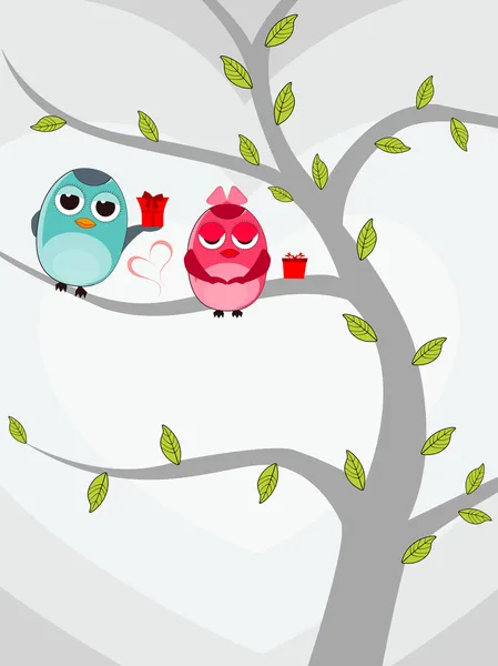 Vector illustration of two love birds sitting on tree with gift — Stock Vector