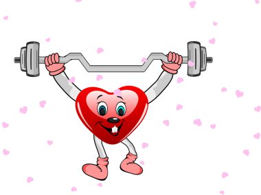 Heart in the form of funny character with the dumbbells on white clipart