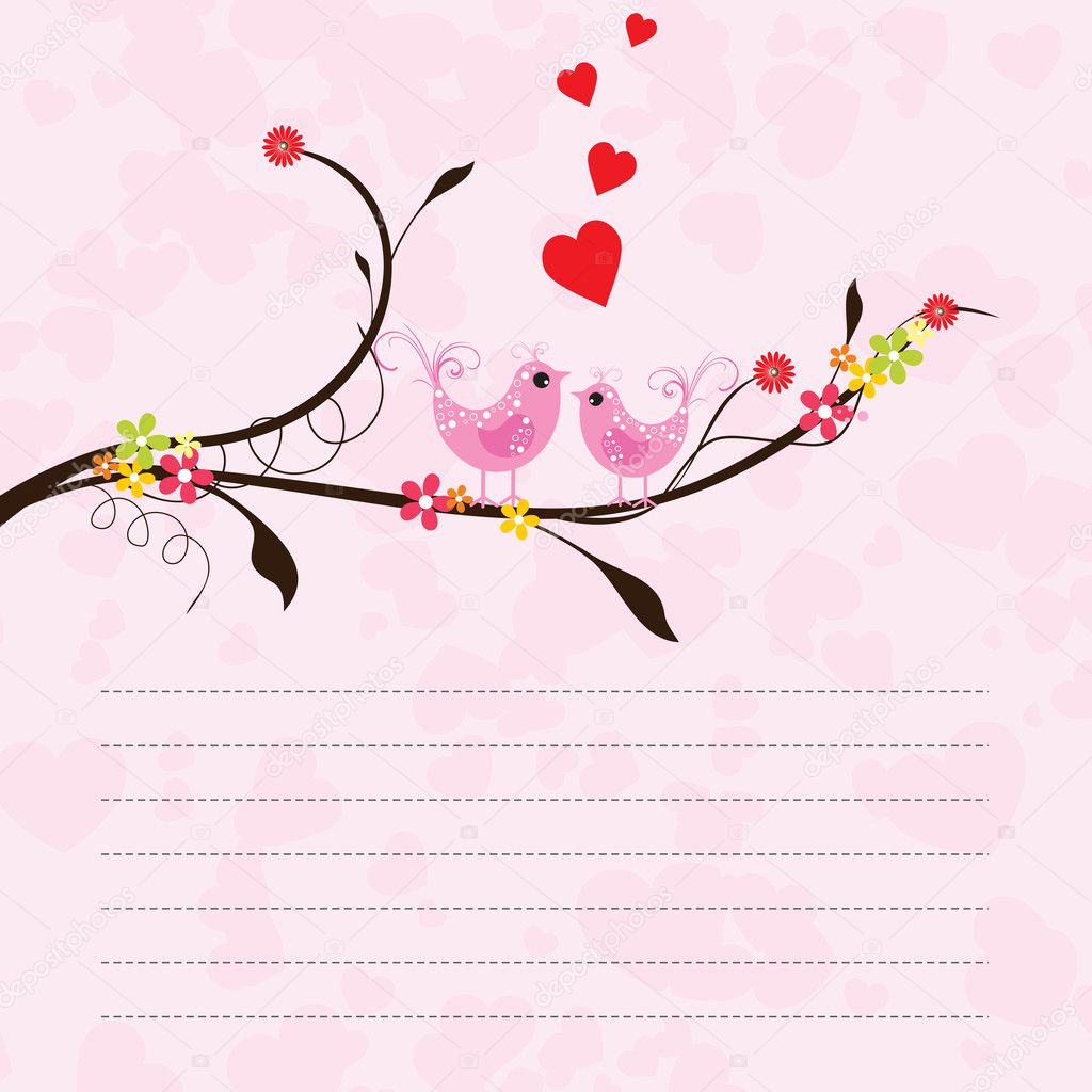 Vector illustration of a greeting card with love birds and copy